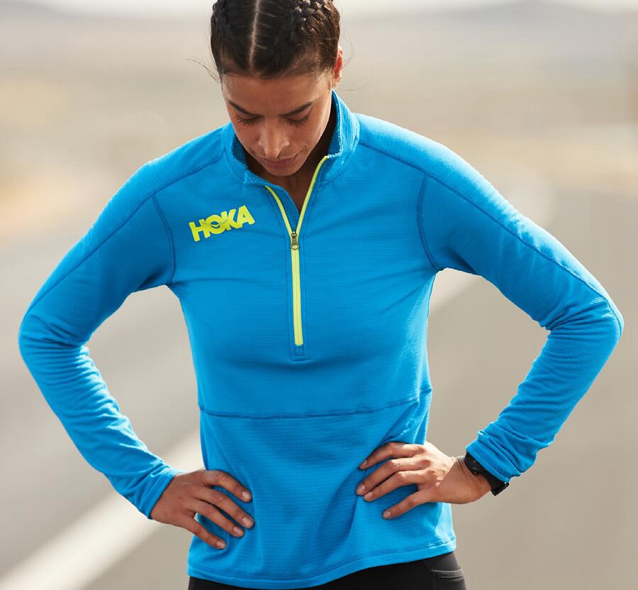 Top Hoka One One Feminino Azuis - 1/2 Ziper Midlayer - 620-NJWKTA